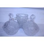 Two vintage cut glass lidded bowls and a cut glass ice bucket