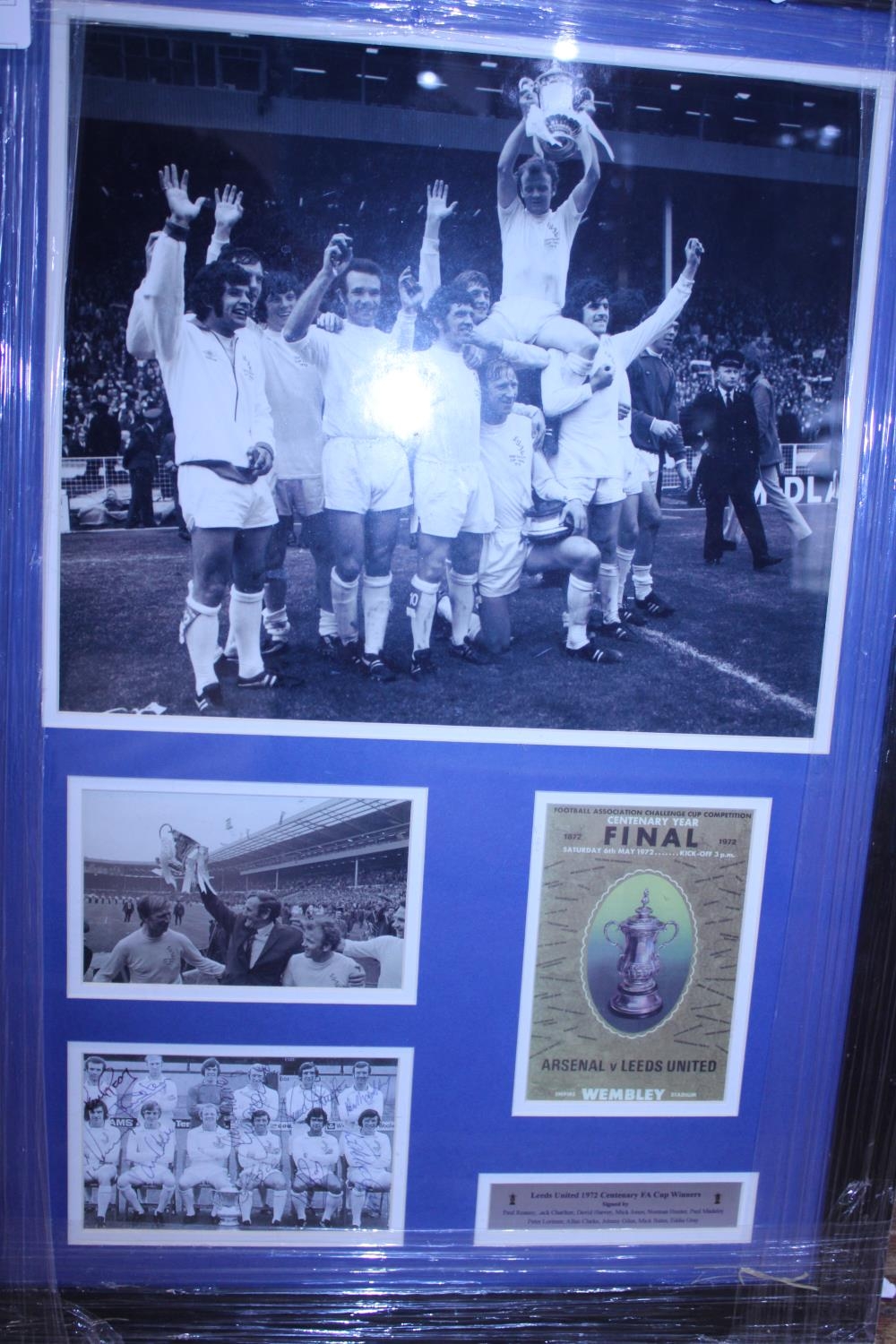 A framed Leeds United Football set of photo's from the 1972 FA Cup, bottom photo in frame is