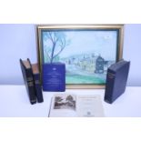 A framed watercolour and selection of antique books etc