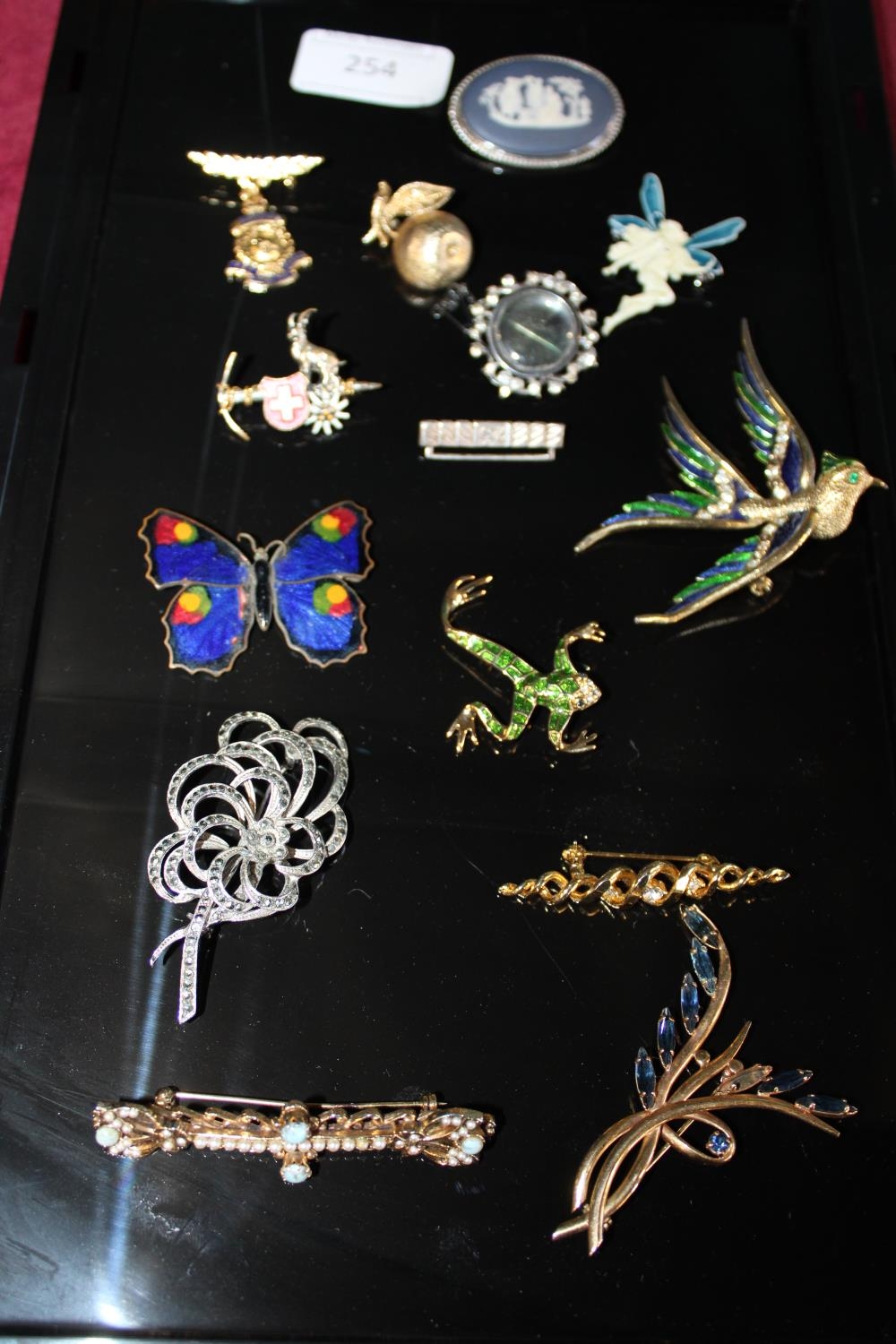 A selection of costume jewellery brooches including enamelled examples