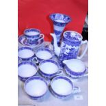 A selection of vintage blue and white ceramics including 'Old Willow' and a Burley ware coffee pot