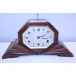A Art Deco period wooden cased mantle clock (working but missing glass)