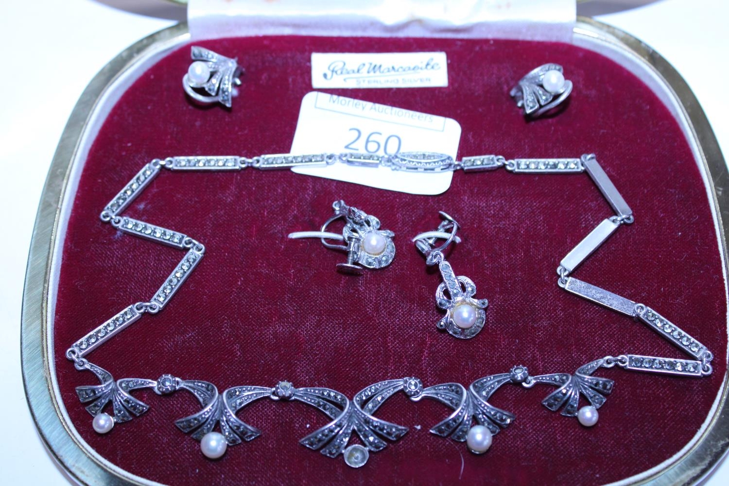 A box set of Sterling silver and marcasite jewellery including necklace and earrings