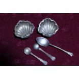 Two hallmarked silver salts & three small silver spoons