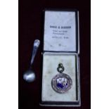 A hallmarked silver and enamel medal and a hallmarked silver mustard spoon