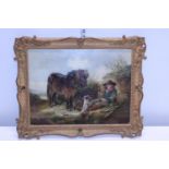 A gilt framed oil on canvas attributed to 'William Shayer 1787-1889 depicting Shepheard boy having