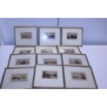Twelve small framed assorted etchings of London land marks (one with crack to glass)