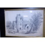 A A.J. Munnings signed pencil drawing of a Church yard scene in a frame 50x38cm