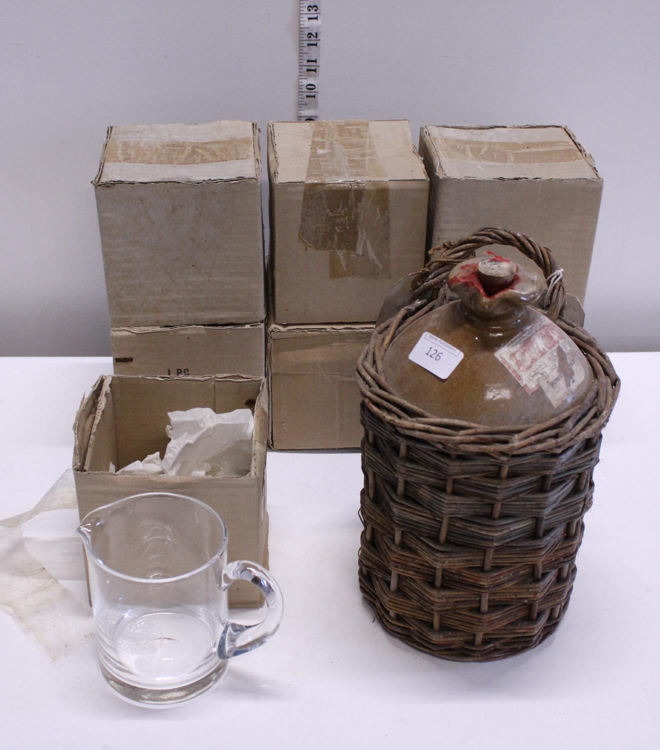 A vintage stoneware flagon and a seven etched real ale tankards, shipping unavailable