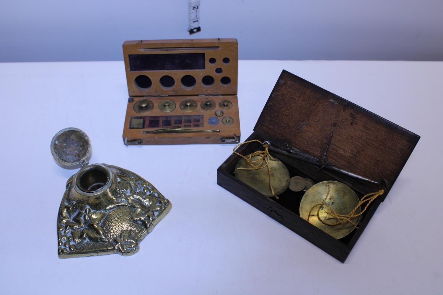 Two sets of vintage scales and weights plus a Art Noveau period brass inkwell