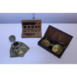 Two sets of vintage scales and weights plus a Art Noveau period brass inkwell