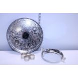 Silver plated galleried tray with silver plate nut bowl and napkin rings