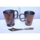 Two antique copper and brass tankards and a piece of WW1 trench art