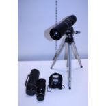 A Hanimex auto focus F=300mm 1:5.5 lens and tripod complete with a vintage Nikon light meter
