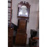 A Victorian Griffith Owen Llanrwst c1870 oak cased long cased clock, mahogany veneer, hand painted