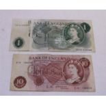 A vintage £1 note with print error and a ten shilling bank note