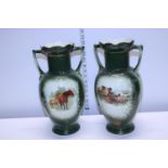 A pair of late Victorian handled vases with horse decoration h36cm