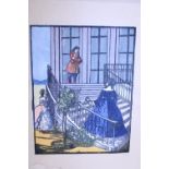 French School watercolour 'Lady on Steps' signed and inscribed on the mount