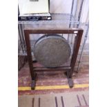 A vintage large brass dinner gong on wooden frame, shipping unavailable