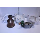 A selection of ceramic planters and a copper jug, shipping unavailable