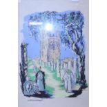 A Govach?? painting c1900 Abbey with Monks in Courtyard 43x32cm shipping unavailable