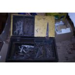 A antique wooden toolbox and contents, shipping unavailable