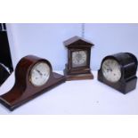 Three assorted wooden cased mantle clocks, shipping unavailable