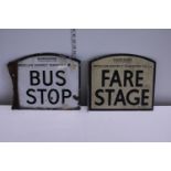 Two double-sided vintage Yorkshire Woollen District Transport Bus stop signs one aluminium, one