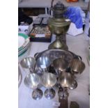 A job lot of assorted plated ware and a brass oil lamp base