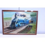 A framed oil on board by artist Joe Townend of a steam train