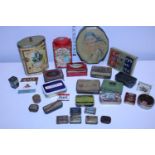 A selection of vintage and antique tins including four tins of gramophone needles