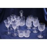 A selection of cut glass wine glasses & decanter. Shipping unavailable.