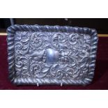 A hallmarked silver tray with scrolling design. Weight 238 grams