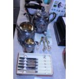 A selection of silver plated cutlery including pouring teapot