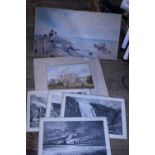 A selection of vintage lithographic prints and watercolours