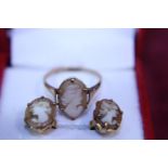 A vintage 9ct gold cameo ring with matching 9ct gold earrings