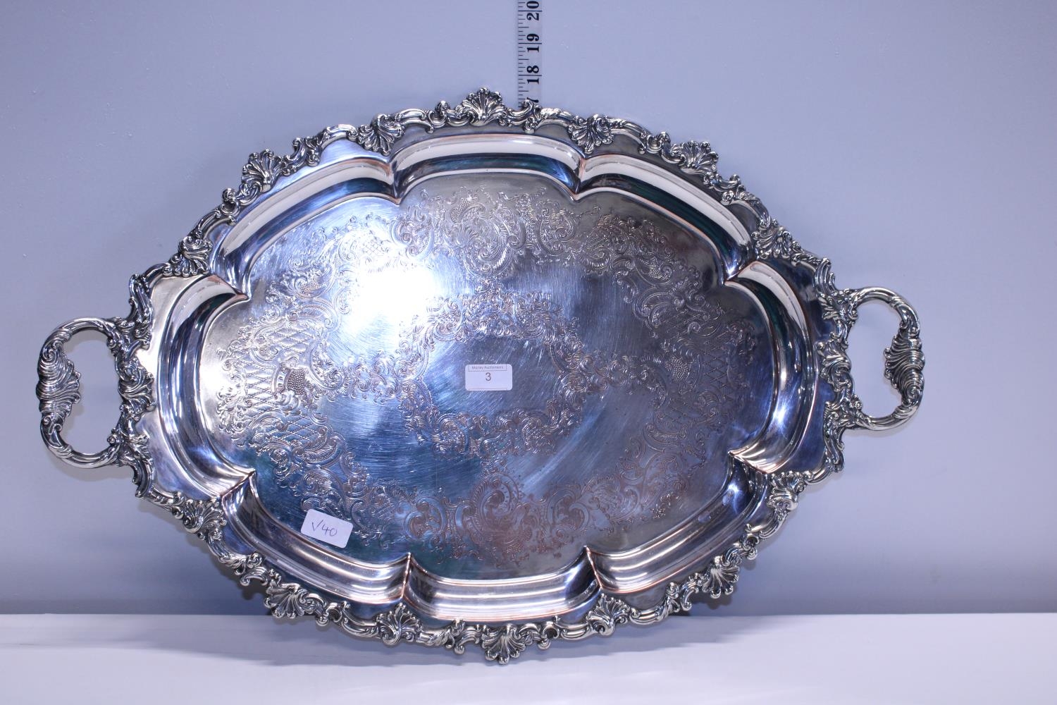 A quality silver on copper tray by Walker and Hall 70x46cm, shipping unavailable