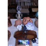 A job lot of assorted collectables including an oil lamp. Shipping unavailable.