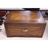 A quality inlaid box with walnut veneer and contents of ephemera 29.5cm x 22cm x 15cm