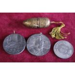 A selection of assorted medals and a vintage brass sewing kit
