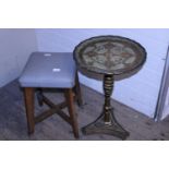 A vintage wooden wine table and stool with repair. Shipping unavailable