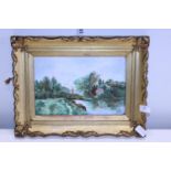 A hand painted panel in a gilt frame dated 1920
