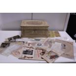 A vintage wooden box and contents of assorted ephemera etc