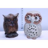 A ceramic owl figure light and a carved heavy wooden owl figure