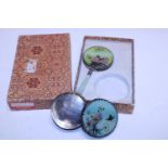 A vintage Chinese boxed hand mirror and trinket box