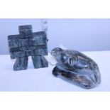 Two vintage soapstone Inuit carvings signed and dated with exhibition labels