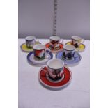 A Limited edition set of six Clarice Cliff Café Chic Wedgewood coffee cans and saucers