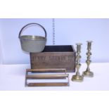 A vintage wooden advertising crate & contents of assorted brass ware items