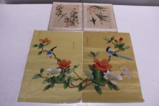 Four signed hand painted silks