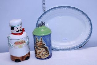 A Losolware meat plate and two novelty kitchen cannisters